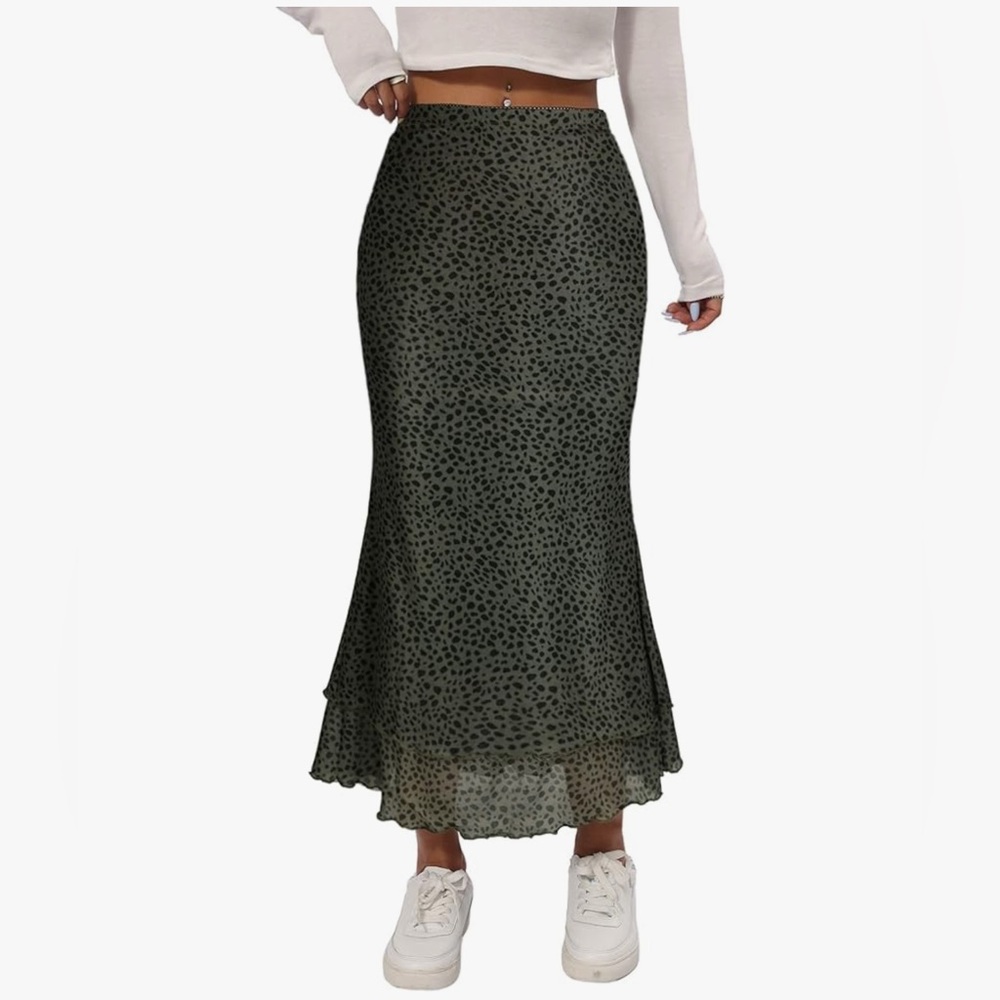 Green/Khaki Leopard Print Mesh Midi Mermaid Skirt